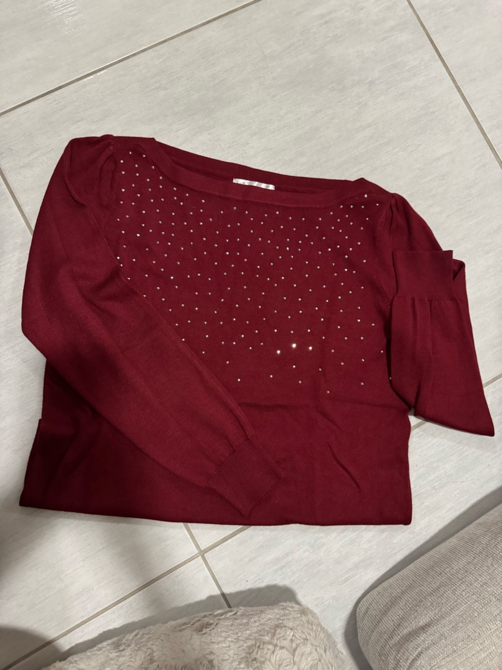 89th & Madison Burgundy Crewneck Sweater with Stud Details